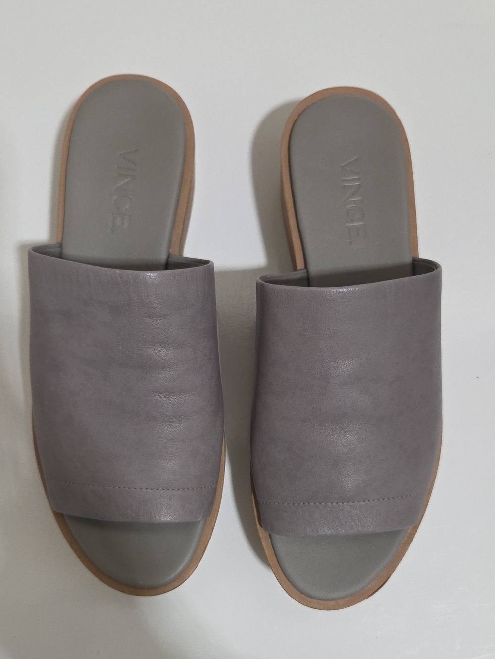 Vince Gray Leather Slide Mules with Tan Sole
